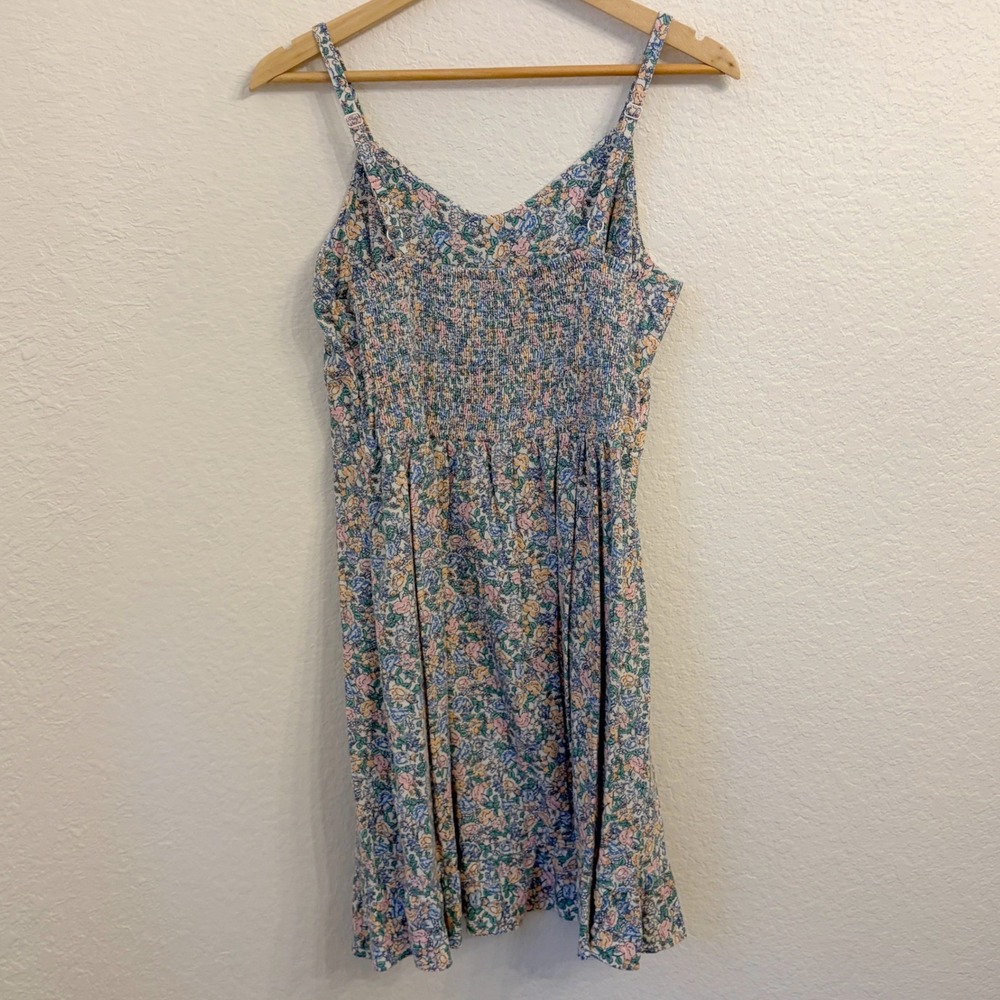 Old Navy Ditsy Floral Mini Dress M Linen Blend Cottagecore Smocked Fit & Flare - Picture 6 of 11